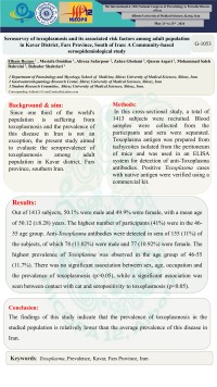 Serosurvey of toxoplasmosis and its associated risk factors among adult population in Kavar District, Fars Province, South of Iran: A Community-based seroepidemiological study